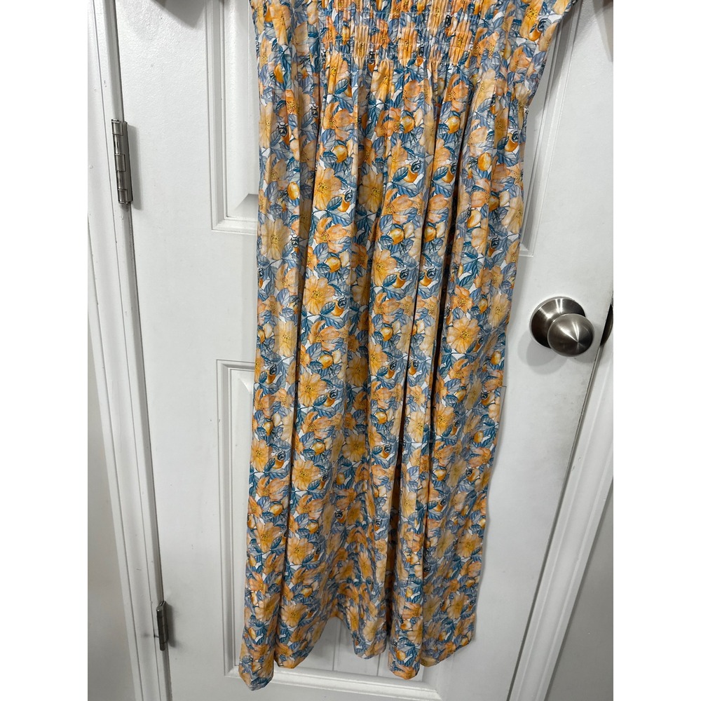 GIGIO USA Orange Blue Floral Smocked Waist Midi Dress Womens Size Medium V-Neck - Picture 9 of 10